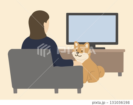 ソファーに座ってテレビを見る飼い主と邪魔をするようにテレビの間にいる柴犬のイラスト ソファーに座ってテレビを見る飼い主と邪魔をするようにテレビの間にいる柴犬のイラスト 131036198