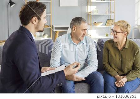 Senior couple talking therapy, psychotherapy, family visiting realtor, agent, discussing agreement 131036253
