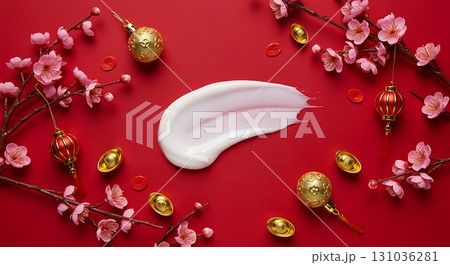 Luxurious skincare cream swatch with festive Chinese New Year decorations, symbolizing prosperity and beauty Luxurious skincare cream swatch with festive Chinese New Year decorations, symbolizing prosperity and beauty 131036281