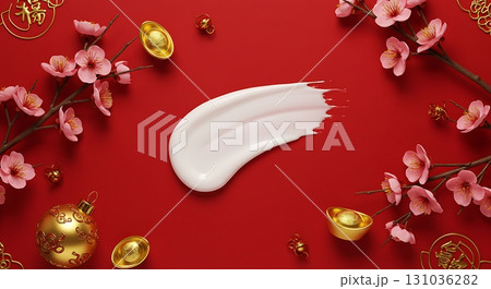 Luxurious white cream swatch with blooming cherry blossoms and gold ingot accents on vibrant red background Luxurious white cream swatch with blooming cherry blossoms and gold ingot accents on vibrant red background 131036282