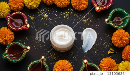 Luxurious skincare cream displayed with glowing diyas and vibrant marigolds, evoking festive elegance Luxurious skincare cream displayed with glowing diyas and vibrant marigolds, evoking festive elegance 131036284