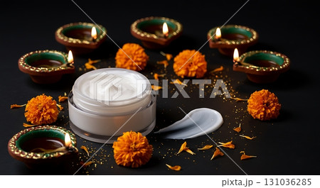Luxurious facial cream jar surrounded by glowing diyas and vibrant marigolds evokes natural beauty and festive radiance Luxurious facial cream jar surrounded by glowing diyas and vibrant marigolds evokes natural beauty and festive radiance 131036285
