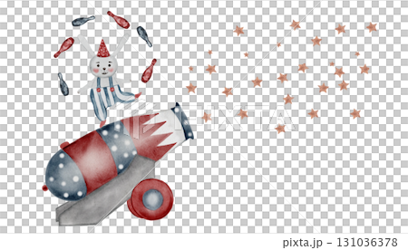 Circus gun watercolor. Hand drawn cannon with the stars and rabbit on isolated white background. Clip art circus equipment. Perfect for posters and cards for baby shower Circus gun watercolor. Hand drawn cannon with the stars and rabbit on isolated white background. Clip art circus equipment. Perfect for posters and cards for baby shower 131036378