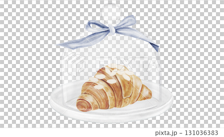 Croissant and cloche watercolor illustration. Hand drawn fresh french bun in a glass dome with a bow. Food clip art. Ideal for bakery prints, postcards and pastry shop posters. 131036383
