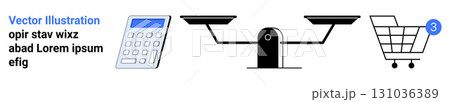 Calculator, weighing scale, and shopping cart with number three badge. Ideal for e-commerce, online shopping, business calculations, financial balance, retail, budgeting, marketing. Landing page Calculator, weighing scale, and shopping cart with number three badge. Ideal for e-commerce, online shopping, business calculations, financial balance, retail, budgeting, marketing. Landing page 131036389