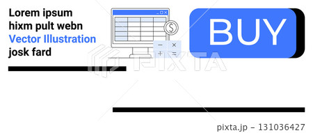 Elements include a blue BUY button, a sales chart, financial calculator, and placeholder text. Ideal for online shopping, financial tracking, e-commerce, business analytics, user interface, digital 131036427