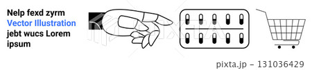 Ideal for business, marketing, and technology contexts. Showcases digital interaction, pill product concept, and shopping cart. For startups, retail, and educational uses. Banner for landing page 131036429