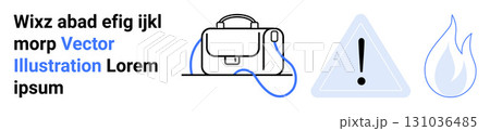 Business briefcase, triangular warning sign, and flame symbols. Ideal for business, safety, warning, caution, alerts, office, and emergency themes. Landing page 131036485