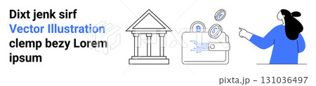 Bank building, digital wallet with flying coins, and woman pointing. Ideal for fintech, banking, digital wallets, cryptocurrency, e-commerce, financial apps, and investing. Banner for landing page 131036497