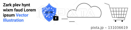Shield with GDPR badge, lock, cloud, and shopping cart highlighting data security and compliance. GDPR compliance, cloud storage, e-commerce, and sensitive data protection. Ideal for web security 131036619