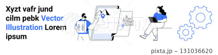 Two individuals, maps with location pins, gears, and devices symbolize efficient workflow and collaboration. Ideal for teamwork, navigation, digital tools, productivity, technology, innovation, user 131036620