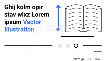 Open book with arrows indicating vertical movement, placeholder text, horizontal lines, and circles. Ideal for educational materials, e-books, templates, content creation, reading, learning 131036639