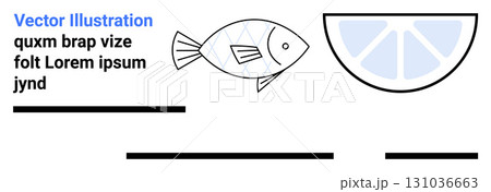Fish with detailed fins, lemon wedge, several lines of text including lorem ipsum, and horizontal black lines. Ideal for food blogs, restaurant menus, recipe cards, dietary guides, educational Fish with detailed fins, lemon wedge, several lines of text including lorem ipsum, and horizontal black lines. Ideal for food blogs, restaurant menus, recipe cards, dietary guides, educational 131036663