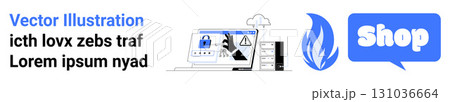 E-commerce, security, cloud computing, social media, and online shopping concepts. Vector elements including a shopping icon, security lock, and warning symbol in blue and black colours. Banner E-commerce, security, cloud computing, social media, and online shopping concepts. Vector elements including a shopping icon, security lock, and warning symbol in blue and black colours. Banner 131036664