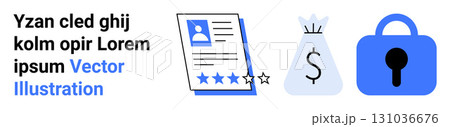Resume with a star rating, a money bag with a dollar sign, and a closed lock. Ideal for job applications, financial planning, career growth, security assurances, employment services, HR tools, online 131036676