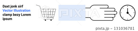Shopping cart, hand, and clock icons in a minimalist style. Ideal for e-commerce, time management, efficiency, online shopping, and retail themes. Banner for landing page Shopping cart, hand, and clock icons in a minimalist style. Ideal for e-commerce, time management, efficiency, online shopping, and retail themes. Banner for landing page 131036781