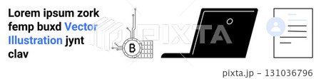 Black laptop, circuit with Bitcoin symbol, document with user avatar, Lorem Ipsum text. Ideal for tech blogs, fintech, cryptocurrency, education, IT services, software development, digital marketing Black laptop, circuit with Bitcoin symbol, document with user avatar, Lorem Ipsum text. Ideal for tech blogs, fintech, cryptocurrency, education, IT services, software development, digital marketing 131036796
