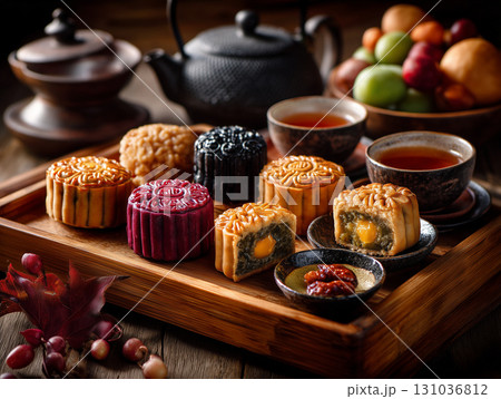 Assorted mooncakes with tea on wooden tray 131036812