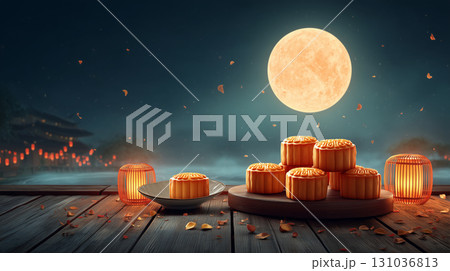 Mooncakes under glowing full moon with lanterns 131036813