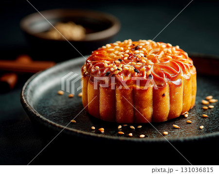 Golden mooncake on dark plate with sesame seeds Golden mooncake on dark plate with sesame seeds 131036815