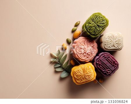Assorted mooncakes with smooth textures on beige background Assorted mooncakes with smooth textures on beige background 131036824