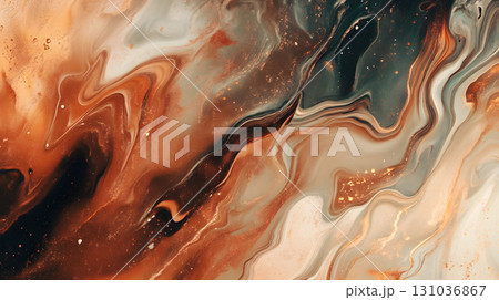 Organic liquid background with marble-like flow and earth tone colors. Suitable for creative projects, posters, and digital aesthetics 131036867