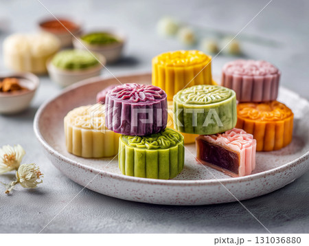 Colorful mooncakes on ceramic plate, soft lighting Colorful mooncakes on ceramic plate, soft lighting 131036880