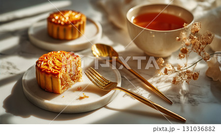 Mooncake and tea on marble with golden fork 131036882
