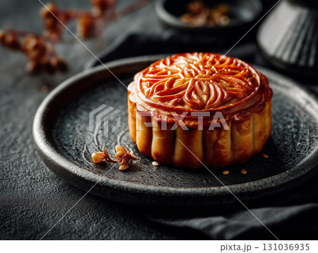 Golden mooncake on dark plate, elegant presentation 131036935