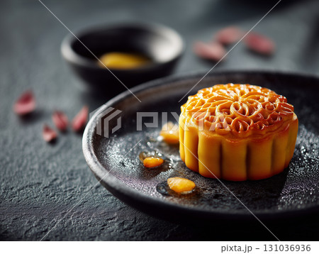 Golden mooncake on dark plate, elegant presentation 131036936