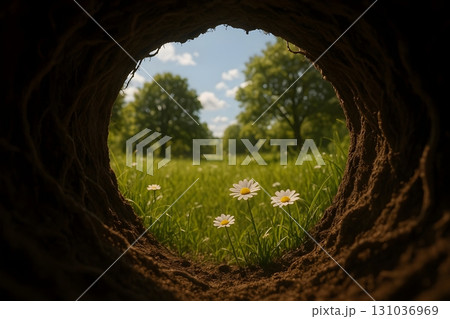 View from a soil burrow to a sunny meadow: white daisies blooming in green grass View from a soil burrow to a sunny meadow: white daisies blooming in green grass 131036969