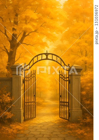 Open wrought iron gate with stone pillars leading to a misty path through golden autumn trees 131036972
