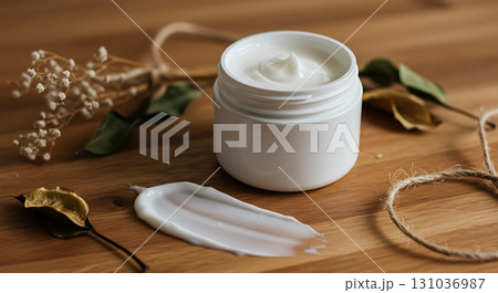 Luxurious white cream in elegant jar with natural elements for ultimate skincare and beauty 131036987