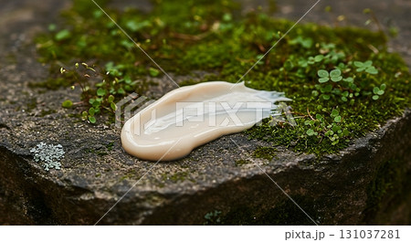 Luxurious cream swatch on mossy stone, evoking natural beauty and skincare purity. 131037281