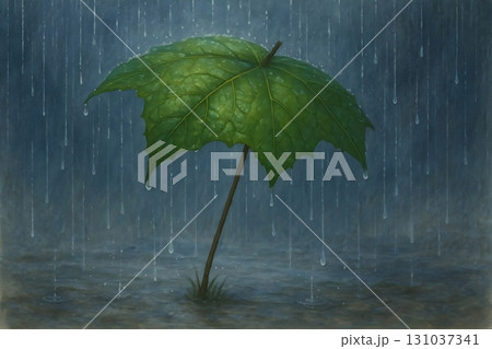 Creative illustration of a large green leaf used as an umbrella during heavy rain. 131037341
