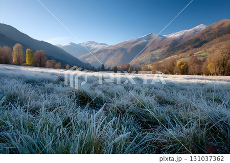 Scenic view of a frosty autumn morning in the mountains with frozen grass 131037362