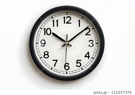 Wall clock with a minimalist black frame and clear white background. 131037376