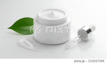 Luxurious skincare cream jar with dropper and fresh green leaf for natural beauty 131037394