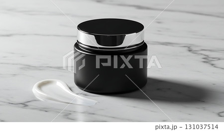 Elegant black skincare jar with luxurious chrome accent and smooth cream swatch on marble Elegant black skincare jar with luxurious chrome accent and smooth cream swatch on marble 131037514
