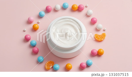 Luxurious white cream jar surrounded by colorful pastel candies and citrus slices on a soft pink backdrop 131037515