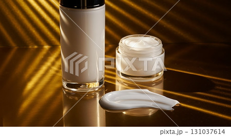 Luxurious white cream jar and bottle with elegant gold background and light streaks Luxurious white cream jar and bottle with elegant gold background and light streaks 131037614