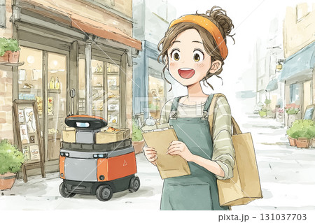 美優シリーズ：自動デリバリーロボットの試験シーン、美優が笑顔で商店街を歩きながらロボットを見守る 131037703