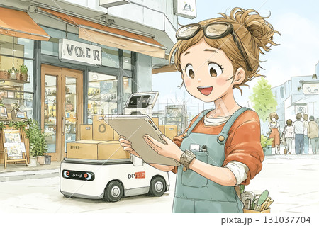 美優シリーズ：自動デリバリーロボットの試験シーン、美優が笑顔で商店街を歩きながらロボットを見守る 131037704