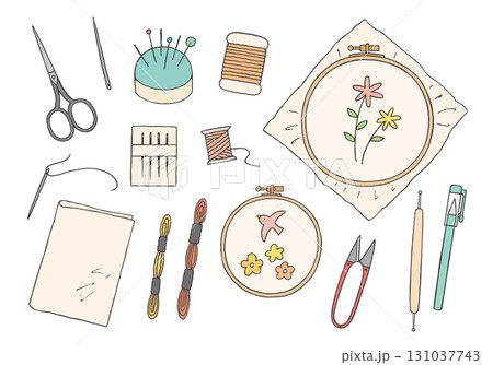 刺繍にまつわる手描きイラストセット(カラー) 刺繍にまつわる手描きイラストセット(カラー) 131037743