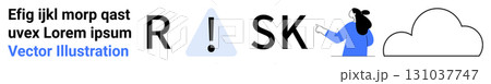 Risk symbol with exclamation mark inside a triangle, person pointing at the letter K, and cloud outline. Ideal for corporate presentations, risk management, cloud computing, financial analysis Risk symbol with exclamation mark inside a triangle, person pointing at the letter K, and cloud outline. Ideal for corporate presentations, risk management, cloud computing, financial analysis 131037747