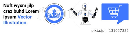 Text block, circular blue shield icon, humanoid robot with arms parts, blue shopping cart in speech bubble. Ideal for technology, eCommerce, security, AI, automation, digital, innovation. Landing 131037823