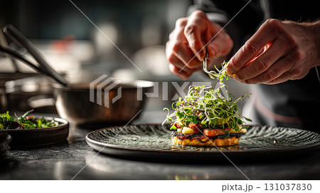 Chef garnishing dish with microgreens in kitchen 131037830