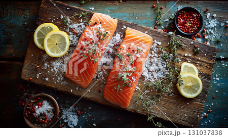 Fresh raw salmon fillets with lemon and herbs 131037838