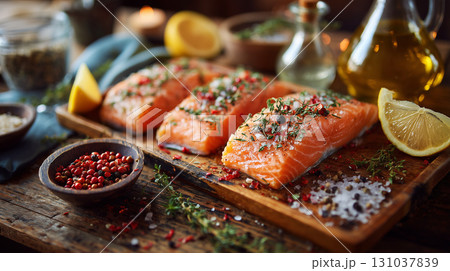 Salmon fillets with herbs and spices on wooden board 131037839