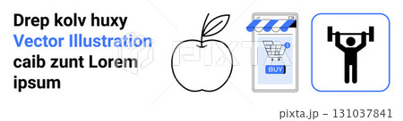 Apple, smartphone with shopping cart and Buy button, weightlifter. Ideal for health, fitness, online shopping, e-commerce, technology, sports, lifestyle. Landing page 131037841